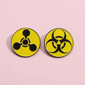 Yellow biohazard and nuclear radiation warning symbol metal enamel lapel pin badges