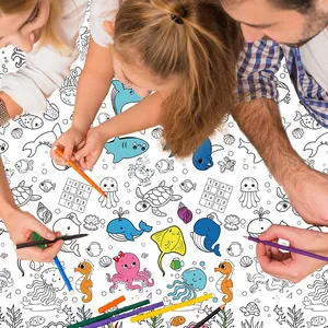 Ocean world kids coloring paper tablecloth featuring sea creatures for birthday party DIY