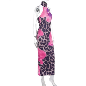Detailed view of back cut and sleek leopard print with pink orchid floral design