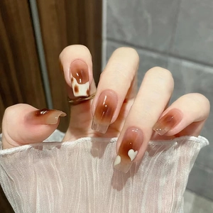 Amber Caramel Gradient Press On Nails With Heart And Cow Print Pattern Sweet Coffin Shape Fake Nails For Women