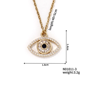 Macro shot of gold Evil Eye pendant showing 1.8x1.4cm size and 40+5cm chain specs