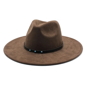 Dark brown wide-brimmed felt fedora hat with turquoise beaded leather band for men and women