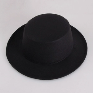 Classic black wool felt boater hat with flat brim and round top for men and women