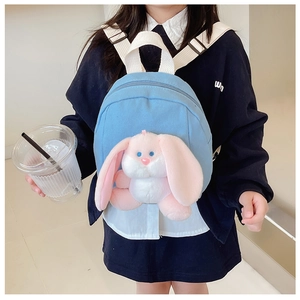 Detail of blue kids backpack with a 3D plush bunny and adjustable cream straps