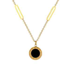 Gold titanium steel necklace with roman numerals and black shell pendant on white background