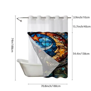 Waffle weave shower curtain with celestial pattern and detailed size measurements chart