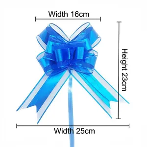 Matte blue organza gift pull bow with dimensions for Christmas and wedding decor