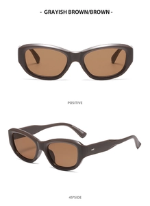 Detailed front and side views of vintage cat eye sunglasses with thick grayish brown frames