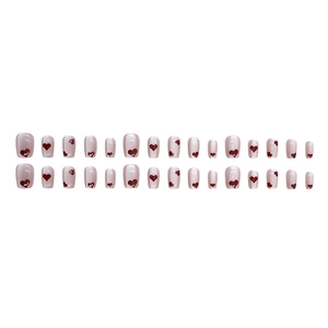 Short square press-on nails with cat-eye pink base and red heart patterns 24pcs set