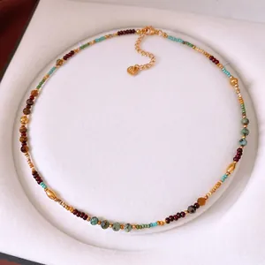 Beaded Necklace Stainless Steel With Natural Stones Turquoise Tiger Eye Vintage Ethnic Bohemian Style Jewelry For Women