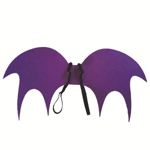 Detail of purple felt bat wings with black elastic straps for children costume