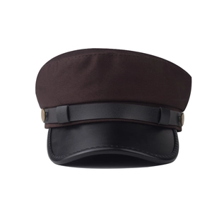 Detailed front view of brown flat top baker boy hat with black PU leather brim and buttons