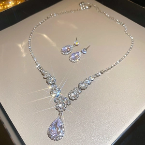Sparkling silver drop jewelry set with teardrop necklace and matching earrings in gift box