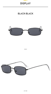 Front and 45-degree side view of retro black square metal frame sunglasses