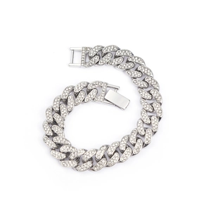 Men's hip hop 18k silver plated iced out Cuban link bracelet with clear crystals