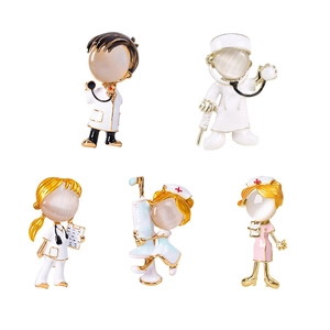 Detailed set of 5 cartoon medical brooches with opal stones for doctors and nurses