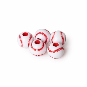 Five white acrylic baseball beads with red stitching patterns for DIY jewelry making