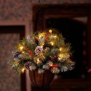50cm hanging Christmas tree basket with frosted pine needles, pine cones and LED lights