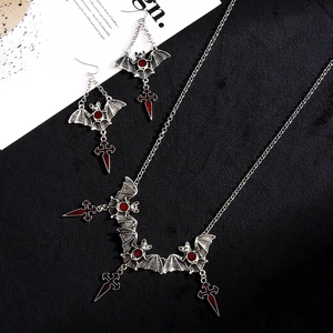 Gothic vintage silver bat necklace and earring set with red cross charms for Halloween gift