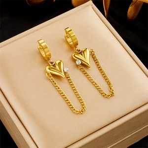 Titanium Steel Heart Pendant Drop Earrings With Long Chain Rhinestone Inlaid Gold Plated Fashion Jewelry For Women