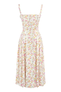 Detail of floral printed midi dress with thin straps and vibrant multi-color flower patterns