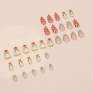 Circus clown theme press-on nails with red spiral patterns and checkered French tips