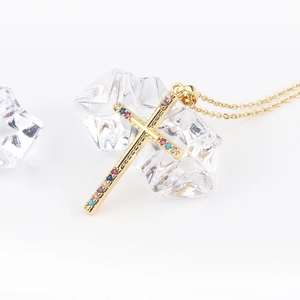 18K gold plated copper cross necklace with colorful gemstones on crystal stones