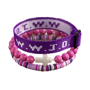 Pink and purple 3pcs WWJD stackable bracelet set with cross charm and resin beads