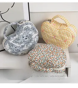 Detailed view of quilted cotton cosmetic bags in floral, plaid, and botanical patterns
