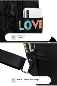 Detail view of Oxford fabric backpack showing side pocket with LOVE print and silver metal ring