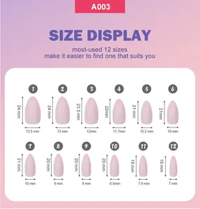 Size display chart showing dimensions for 12 sizes of almond-shaped glossy nail tips