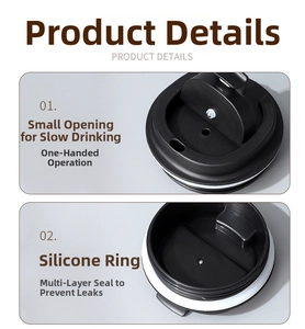 Detail of black coffee mug lid featuring a silicone leakproof ring and drinking spout