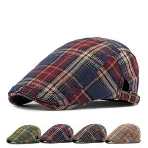 British style vintage plaid beret and flat cap for women and men with adjustable side buckle