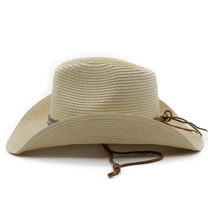 Detail of light beige woven cowboy straw hat with colorful beads and chin strap