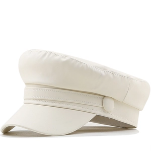Minimalist white PU leather navy baker boy hat for women with detailed stitching