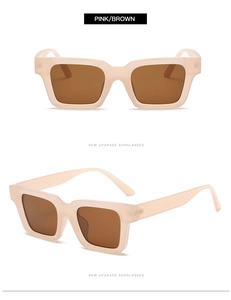 Detailed front and side views of pink square frame sunglasses with brown lenses