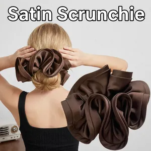 French retro brown satin silk scrunchie with pleated texture for elegant ponytails