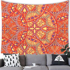 Bohemian mandala wall tapestry with orange and purple geometric patterns for living room