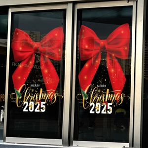 Red Christmas bow window sticker with golden Merry Christmas 2025 text for store glass