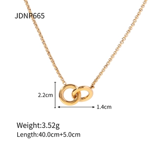 Gold interlocking double ring pendant necklace, 40cm+5cm adjustable chain, 3.52g weight