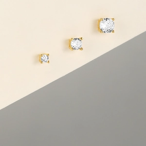 Three-piece set of gold S925 sterling silver stud earrings with white zircon in three sizes