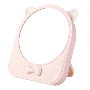 Specchio da trucco rosa con orecchie da gatto, decorazione a fiocco e supporto