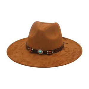 Brown wide brim western cowboy hat with ethnic turquoise and beaded leather band