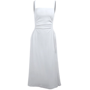 Elegant white smocked waist camisole A-line maxi dress with side pleats and stretch fabric
