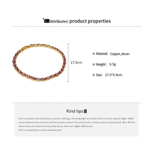 Detailed specs of adjustable purple zircon tennis bracelet with gold-plated copper base