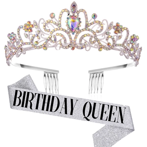 Silver Birthday Queen sash with glitter finish and rhinestone tiara crown for party decor