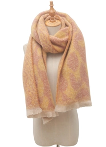 Close-up of pink and yellow leopard print jacquard scarf with soft tassel details