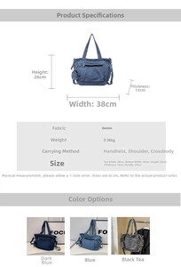Detail view of denim tote bag showing dimensions and matching mini round earphone pouch
