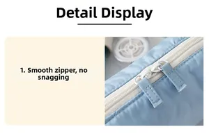 Detail of smooth double white zippers and durable texture on light blue pencil case