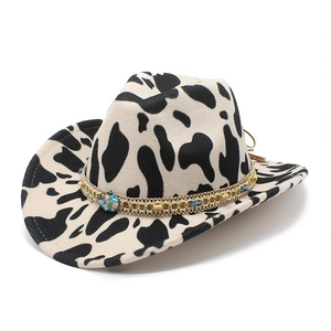 Western cowboy jazz wool fedora hat with black white cow pattern and gold chain